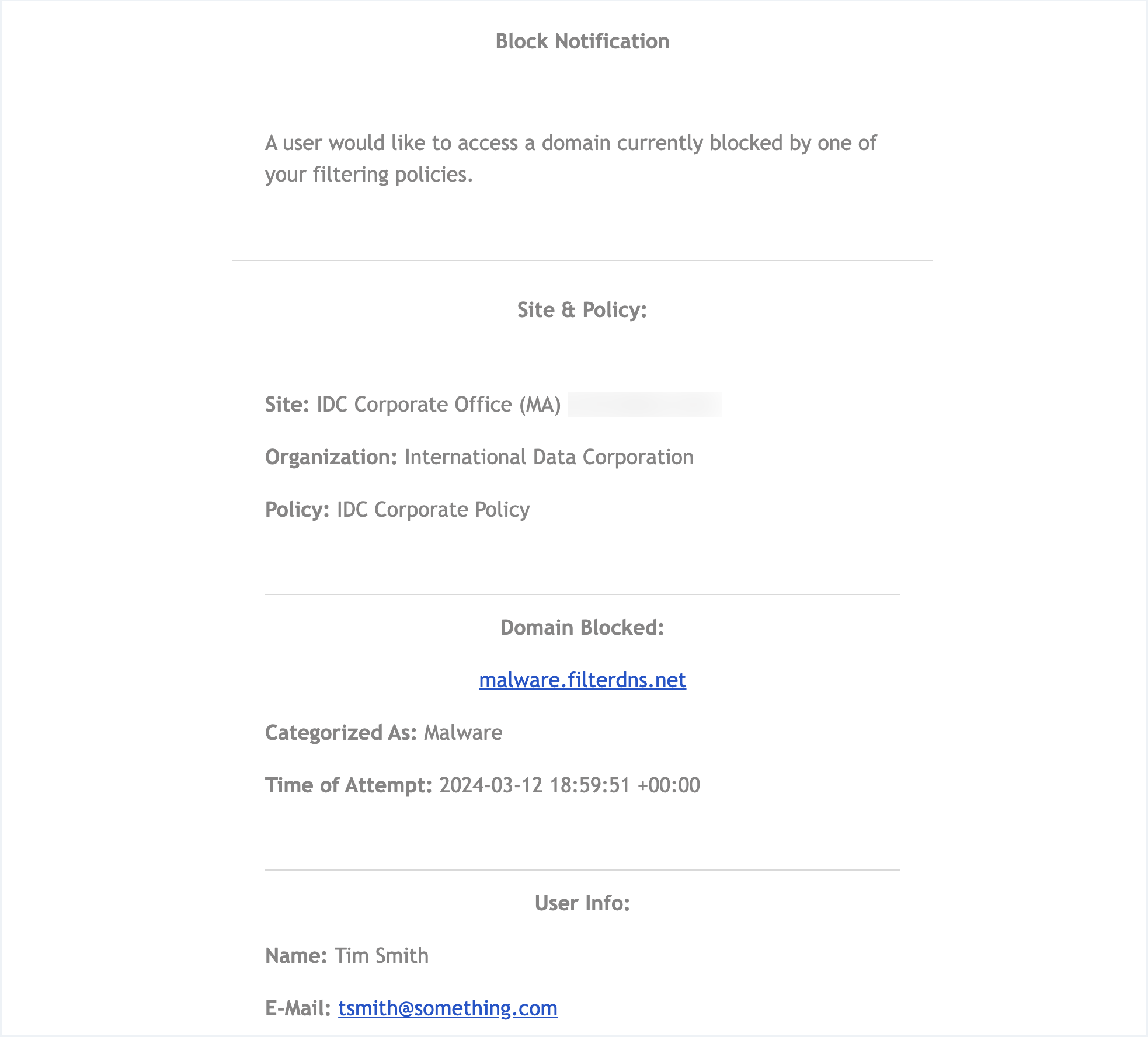 Block page administrator notifications dnsfilter